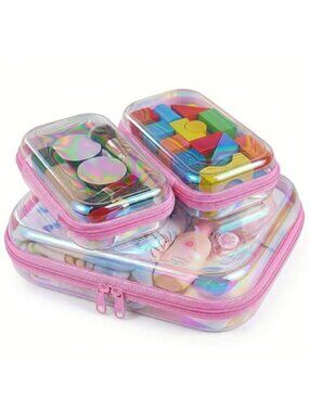 3Pcs Clear Hard Shell Zipper Case TSA Approved Toiletry Bags with Iridescent